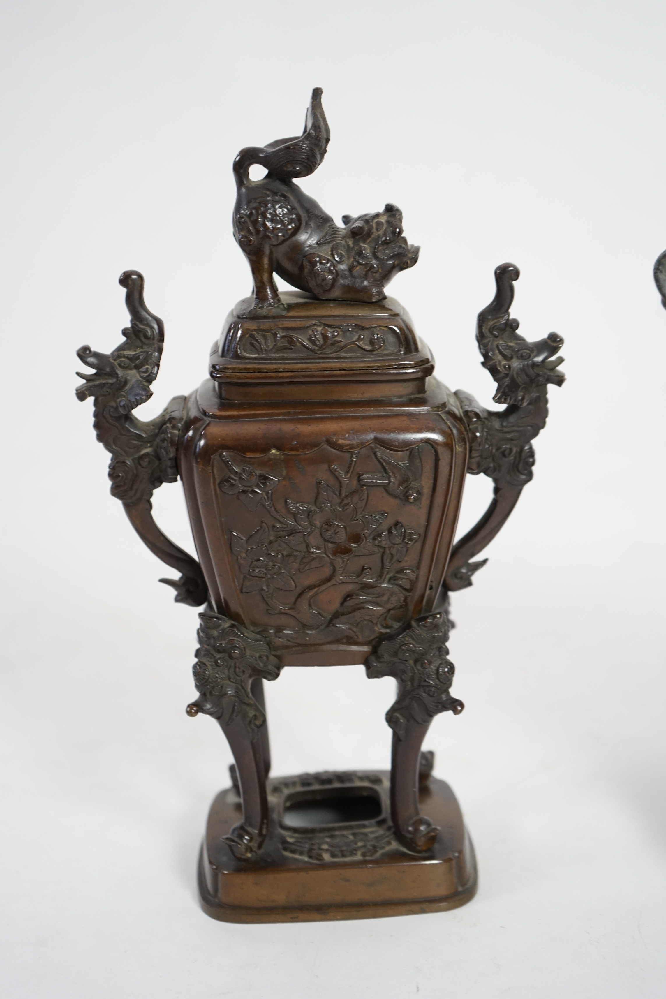 A pair of Japanese bronze koros and covers, late Meiji period